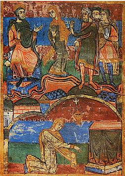 Miniature extraite du manuscrit sur la vie de sainte radegonde (Poitou, 11e siècle, bibliothèque municipale de Poitiers)