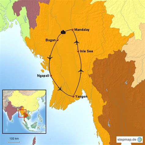 Carte des itinéraires Yangon Bagan Inle Mandalay
