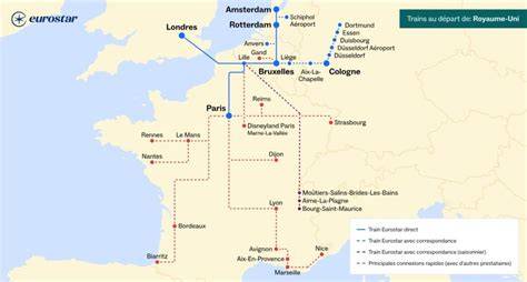 Carte des destinations Eurostar en Europe
