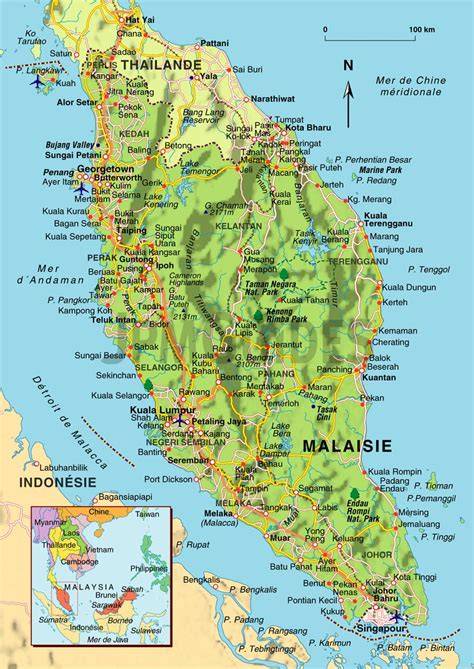Carte touristique de la Malaisie péninsulaire et Bornéo