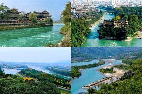 Schéma des trois ouvrages de Dujiangyan