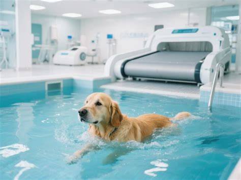 Chien en rééducation sur tapis aquatique