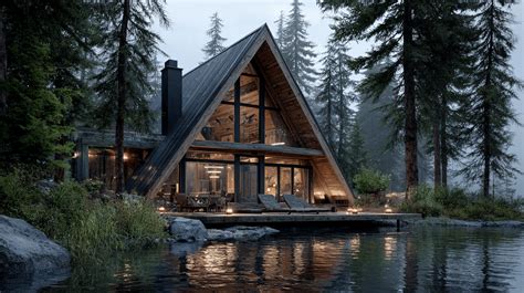 Chalet scandinave entouré de pins rouges