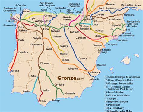 Carte des chemins de Compostelle en Espagne
