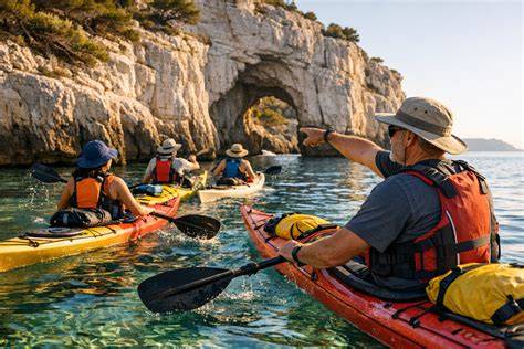 Kayak de mer devant falaises rouges