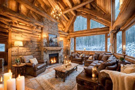 Salon de chalet avec feu de cheminée