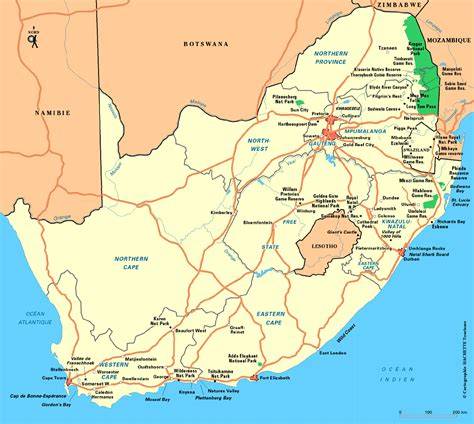 Carte itinéraire ferroviaire Johannesburg Le Cap