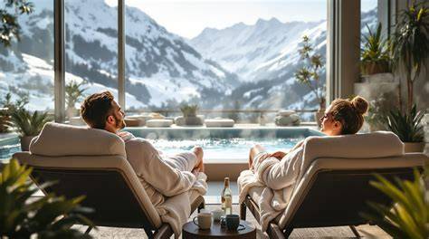 Spa avec vue sur montagnes enneigées