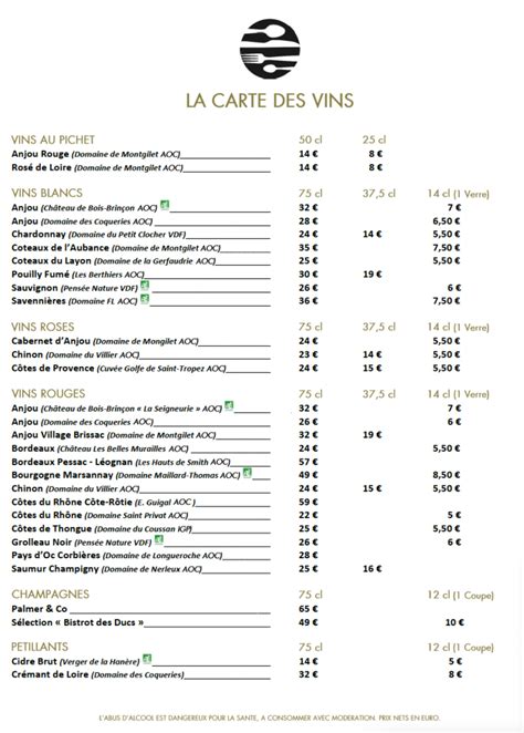 Carte des vins et plats brasserie française
