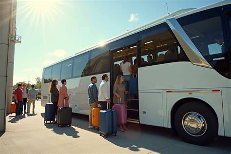 Groupe de voyageurs devant un autocar